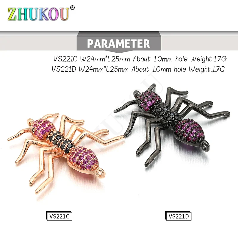 Ants Shape Charms 24*25mm High Quality Brass Cubic Zirconia Connectors, Mixed Color, Hole: 1mm, Model:VS221