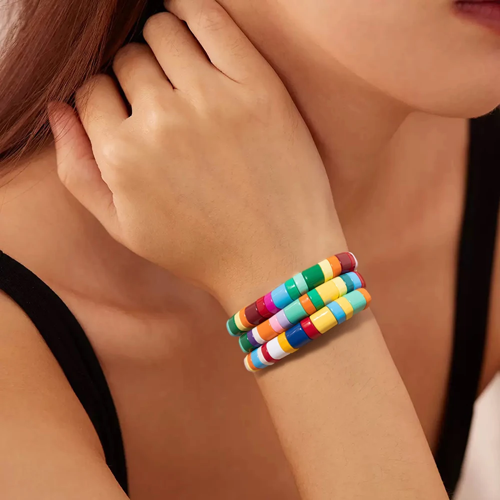 2025 New Design 6x9mm Rainbow Enamel Bangle For Women Colorful Beads Elastic Bracelets