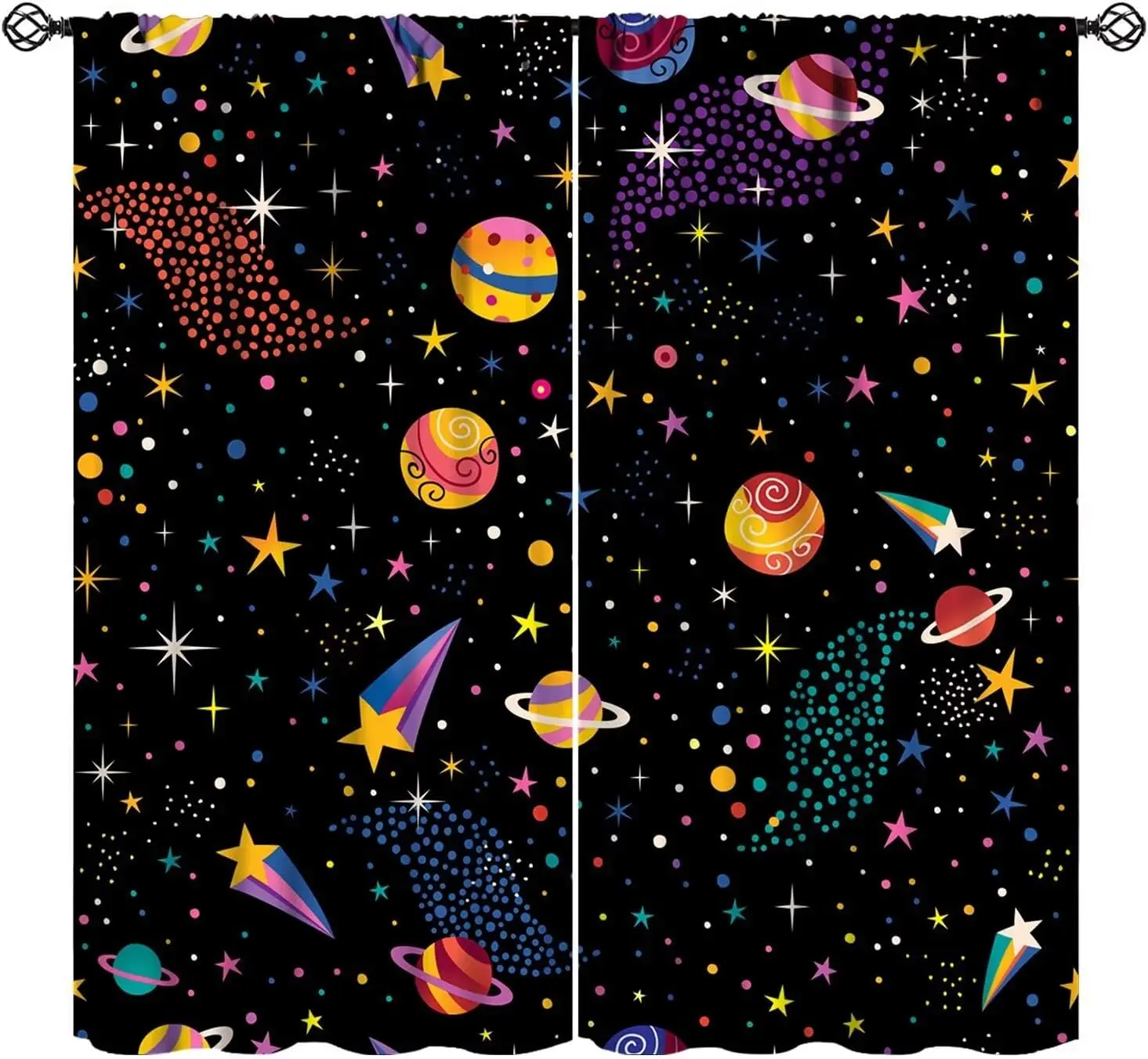 Pink Space Curtains, Cartoon Spaceships Planets Rockets Yellow Pink Stars Print Window Drapes Curtains Kids Boys Girls Bedroom