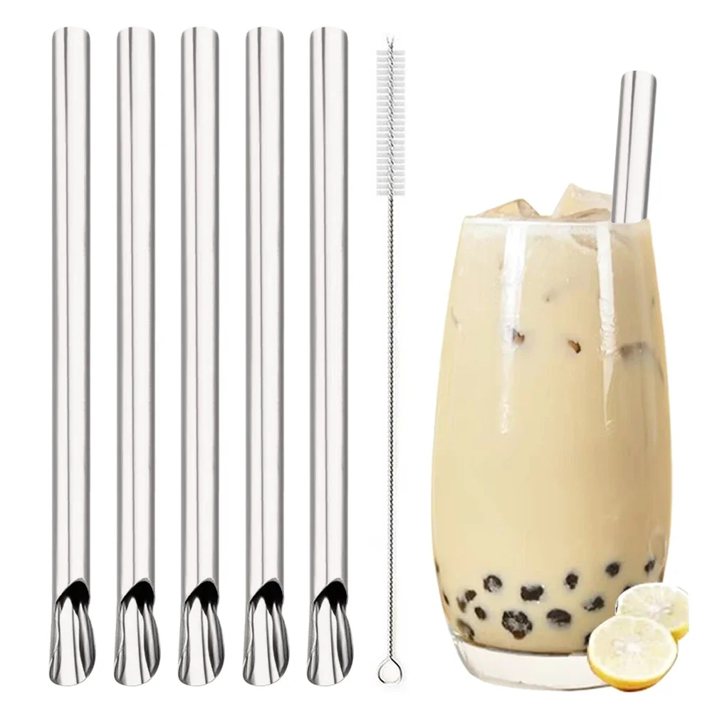 

6Pcs 304 Stainless Steel Reusable Straw Set Pearl Milkshake Bubble Tea Straw with Brush Stirring Smoothie Spoon Shaped Straw Set