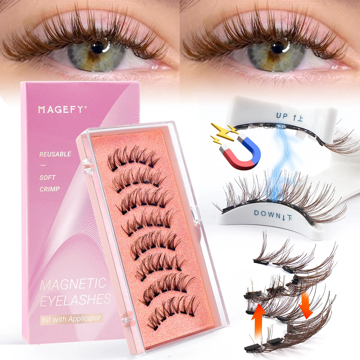 MAGEFY 2 Pairs Magnetic Eyelashes with Applicator Glue Free Daily Repeated Use Can be Adjusted at Any Time Easy for Beginners