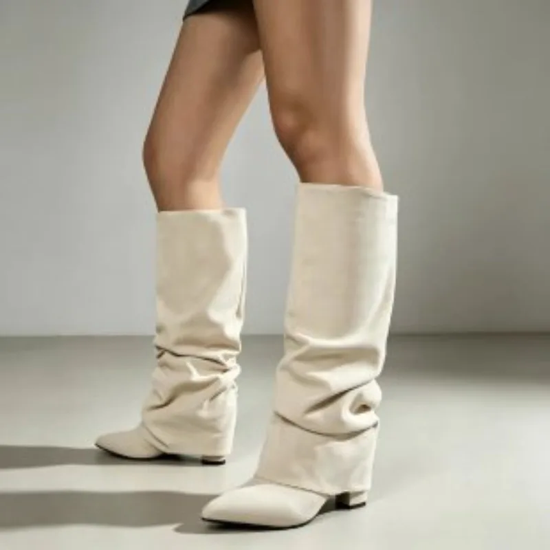 Fashion Retro Pointed Toe Pleated High Heel Women Long Boots 2026 New Fold Cuff Solid Thick Heel Casual Women's Knee High Boots