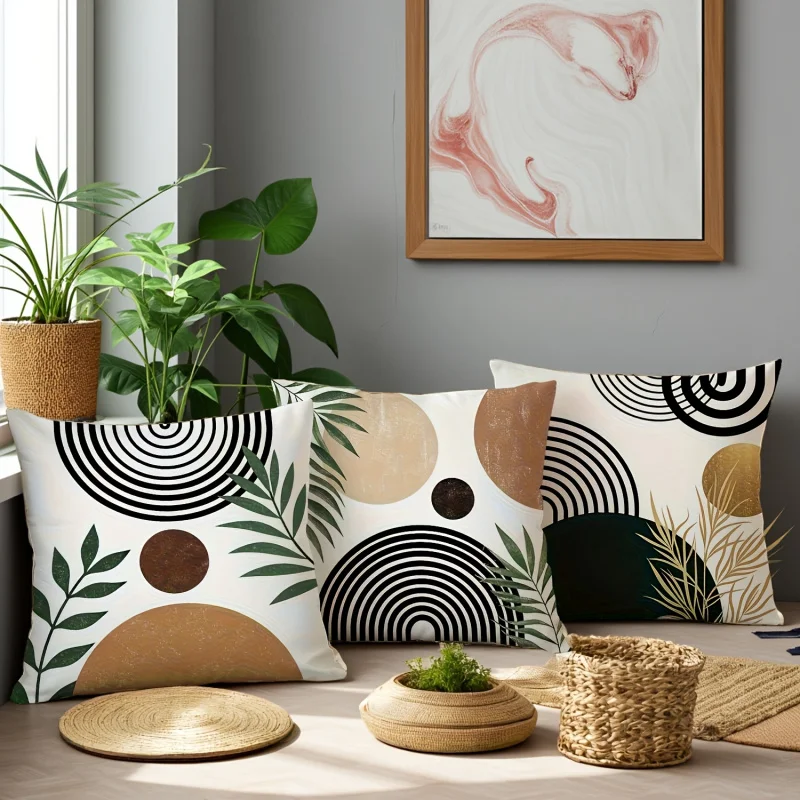 VIKAMA Minimalist Boho Geometric Leaf Cushion Case, Mid-Century Arch Botanical Throw Pillow Cover, Decorative Sofa Pillowcase