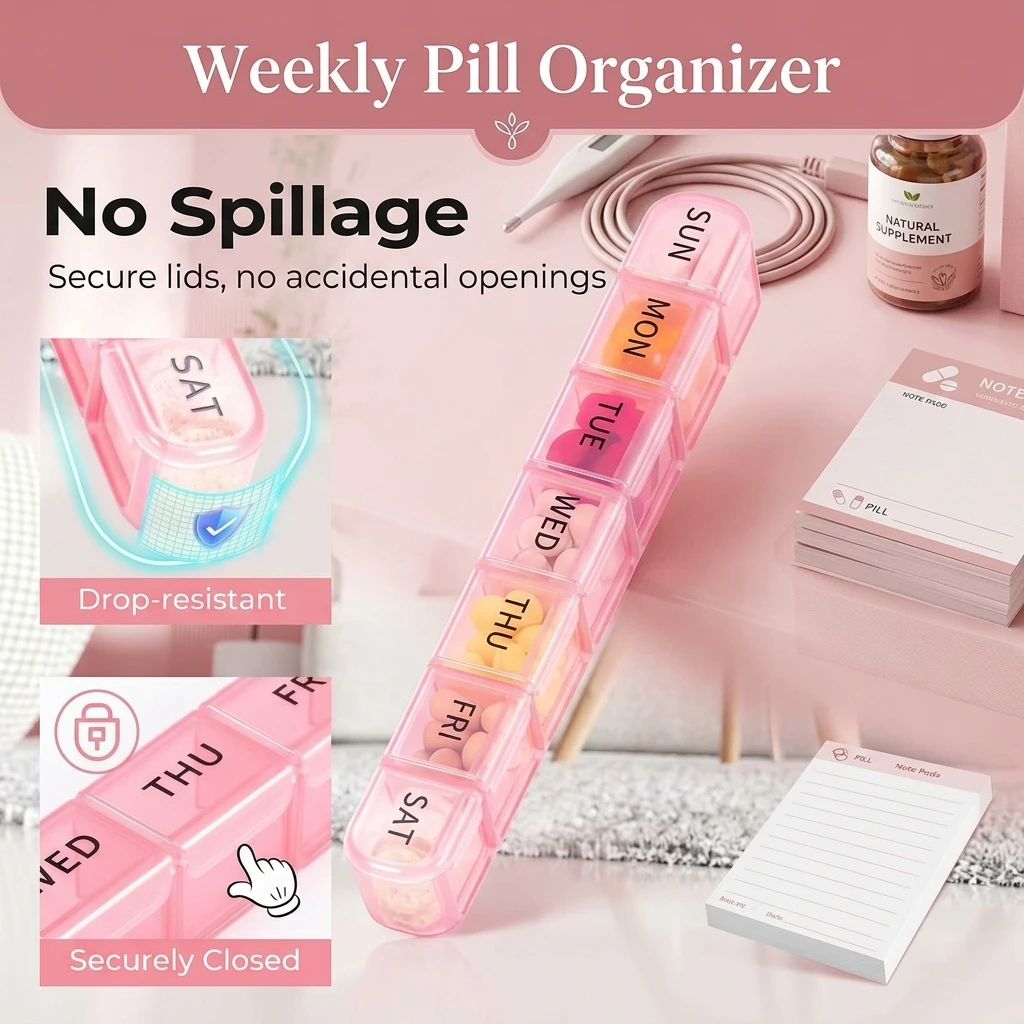 Pastillero Portátil de Viaje Daviky, Organizador Semanal de Pastillas, Pastillero Grande de 7 Días, Dispensador Diario, Ideal para Guardar Vitaminas y Medicamentos