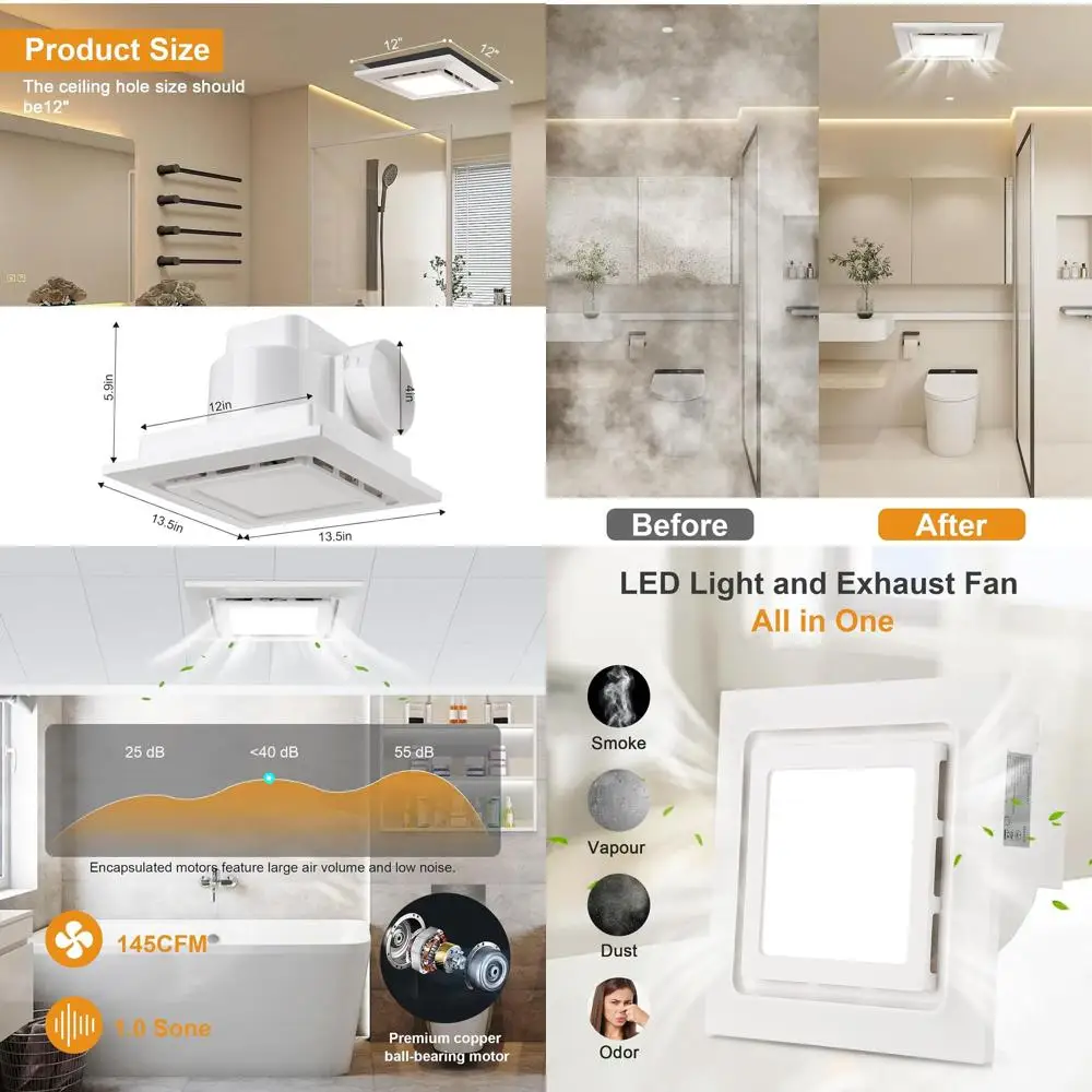 

Ultra Quiet 12x12 Bathroom Exhaust Fan with Light, 145cm (13.5) Duct Size