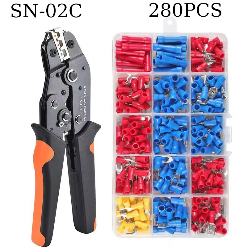 SN-02C Wire Crimping Tool Set Insulated Wire Electrical Connectors Crimp-Butt,Ring,Spade,Terminals Cable Lugs Assortment Kit