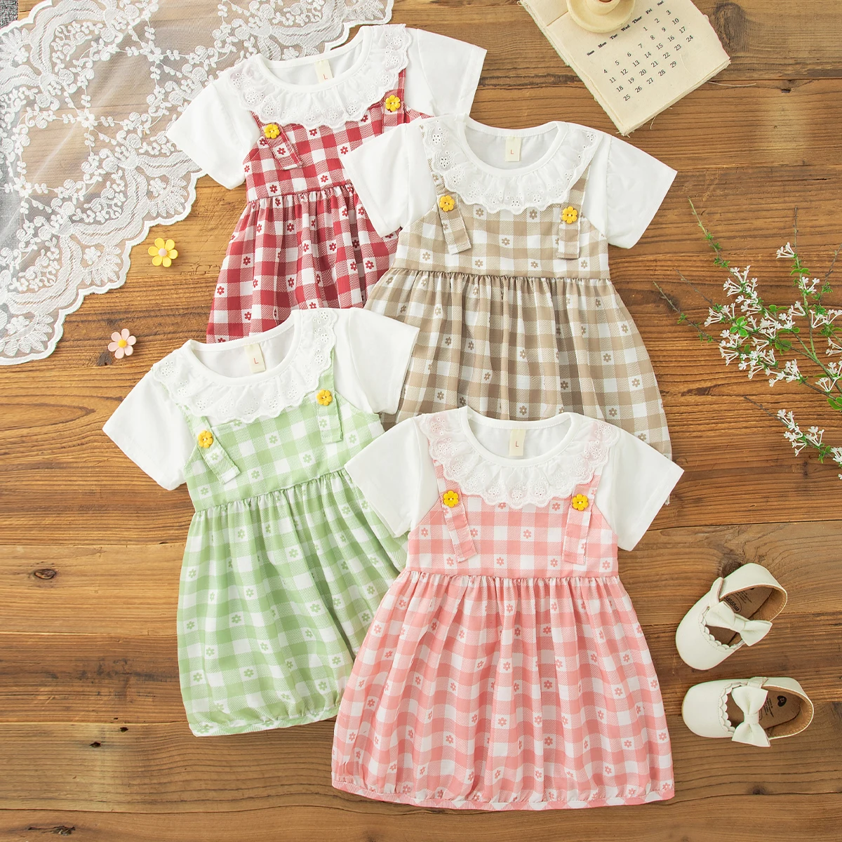Baby Mädchen Baumwollkleid Süße Blumenakzente Rosa Karierte Shorts Ärmel Kleid Mädchen Sommerausflug Kleidung