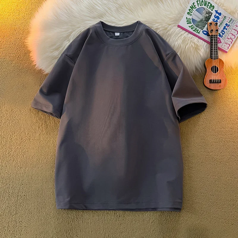 2026 Unisex 200g Heavy Cotton T Shirt Full Shoulder Loose Couple Summer Half Sleeve Basic Casual Streetwear Breathable Tee Top