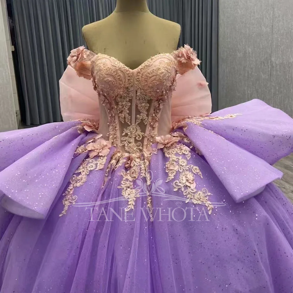 Lilac Girls 15 Quinceanera Ball Gown Dress Purple Sweetheart Off Shoulder Lace Up Back Embroidered Beaded Sequined Appliques