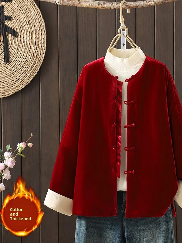 

New Chinese Sle Velvet Cotton Blend Warmth Women's Long Sve Jaet Vintage Reformed Tang Costume National Sle Cuff Cot...