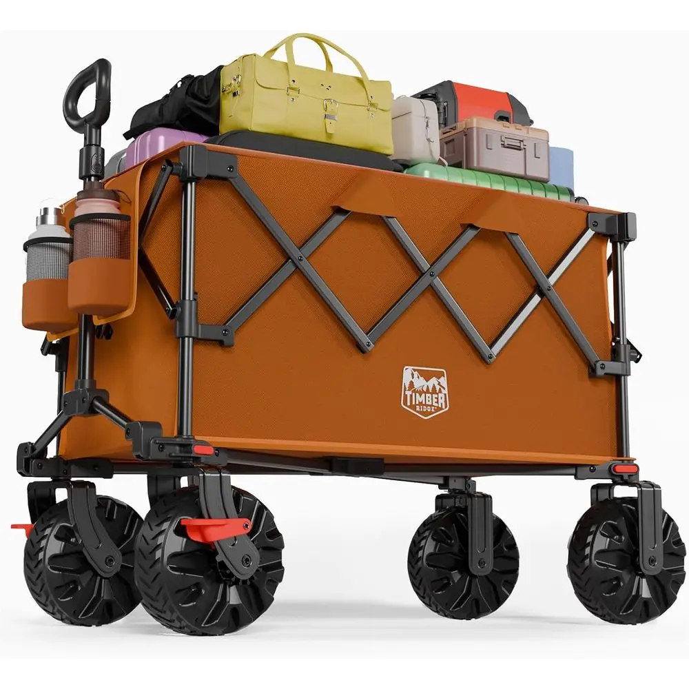 

Outdoor Collapsible olding Wagon with Brakes and Cup Holders, 500lbs Heavy Duty All Terrain Wheels Utility Cart or Shopping Camp