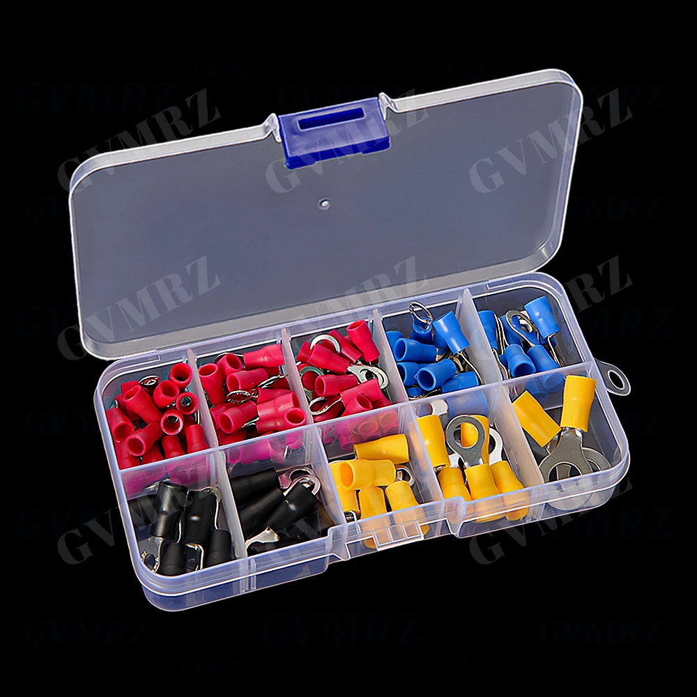 102PCS RV1.25 RV2 Insulated Electrical Wire Cable Connectors Ring Lugs Crimping Terminals Kit Red Yellow Black Blue RV3.5 RV5.5
