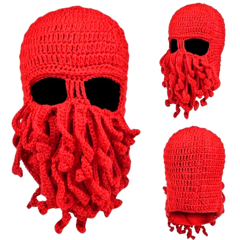 Funny Handmade Tentacle Octopus Hat Crochet Animal Beard Beanie Cap For Men Women Fashion Outdoor Windproof Soft Knit Mask Hats