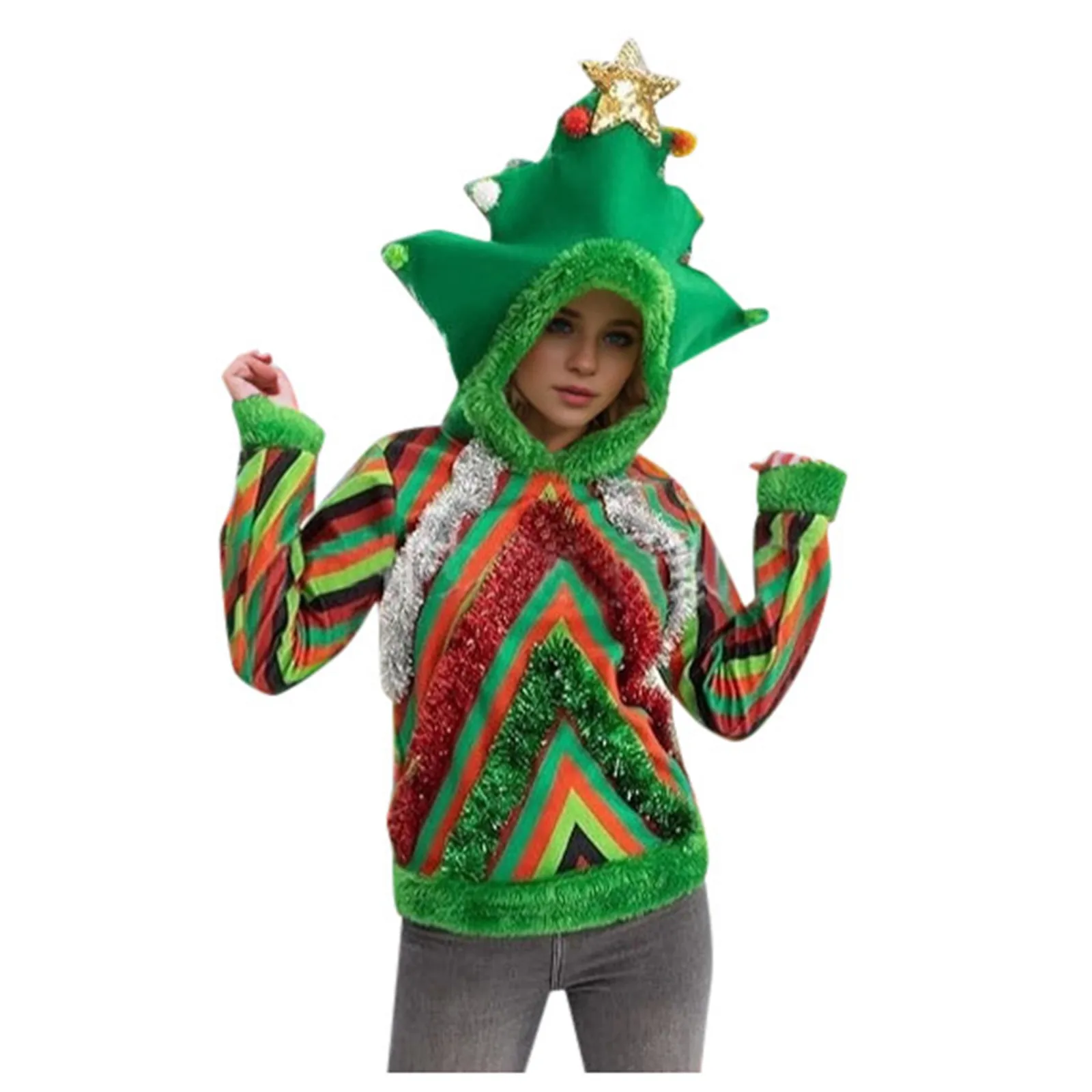 Christmas Colorful Hoodie Top Cosplay Costume Decorated Christmas Tree Hoodie Top Cosplay Party Performance Costumes Clothing