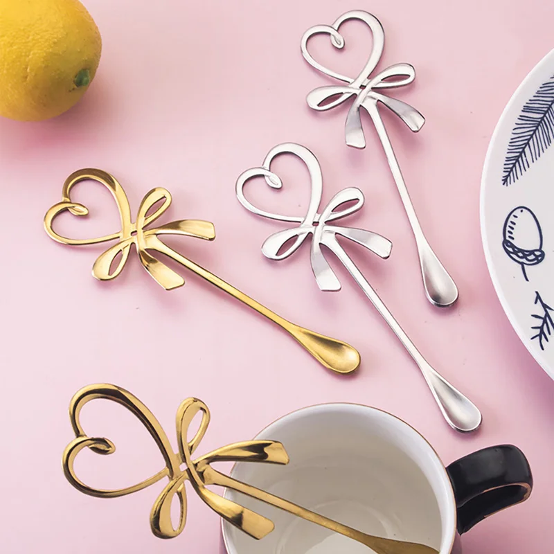 New 3D Bow Knot Heart Shaped Mini Coffee Spoon Tea Dessert Spoon Hanging Spoon Gold Silver Spoon Stainless Steel Flatware