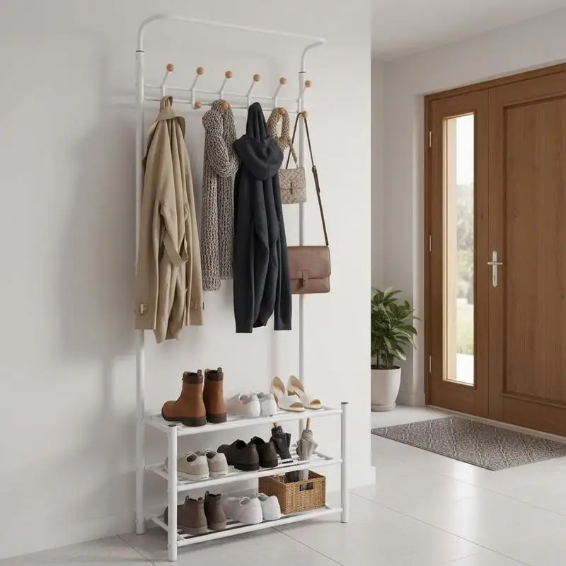 Porte-manteau blanc avec rangement pour chaussures, 68 x 32 x 182,5 cm