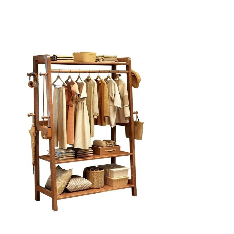 Solid wood hanger Floor-to-ceiling bedroom hanger Household coat rack Room simple clothes rack Bedside storage rack