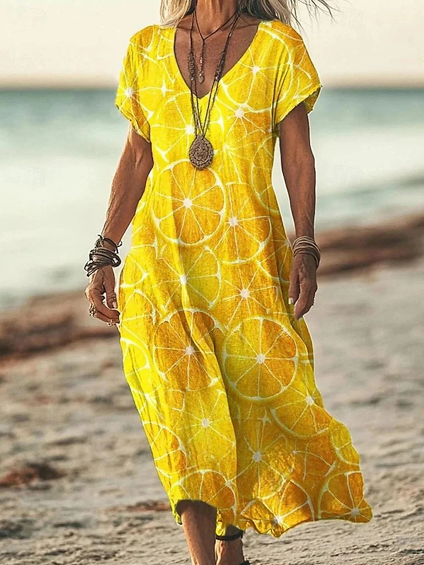 Vintage Damen-Maxikleid, Bohemian-T-Shirt-Kleid mit V-Ausschnitt und Seitenschlitz, lässige, mit Batikmuster bedruckte Kleidung für Damen, trendig