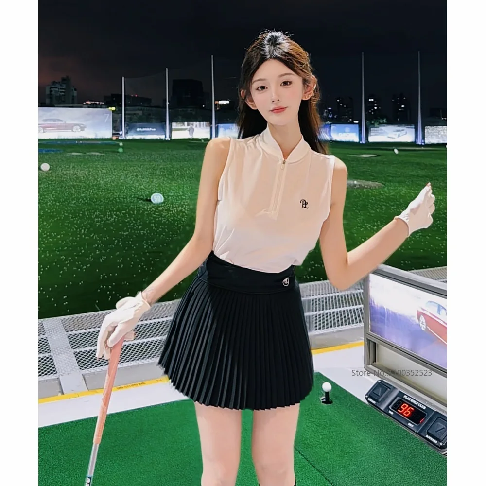 PL Women Sleeveless Golf Polo Shirt Summer Quick-dry Zipper Collar Top Ladies Pleated Short Skirt A-Lined Golf Skort with Short
