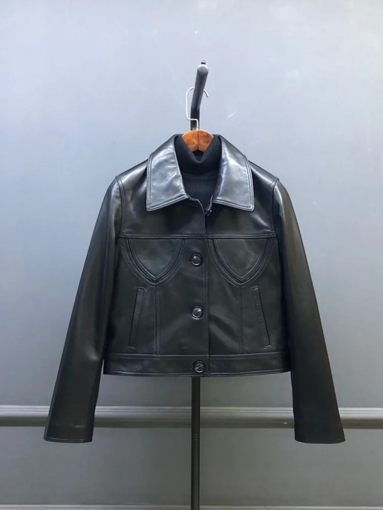 Female Autumn Winter Genuine Leather Oil Wax Jacket Turndown Collar Spring Autumn Short Coat Real Sheepskin Outerwear Fashion
