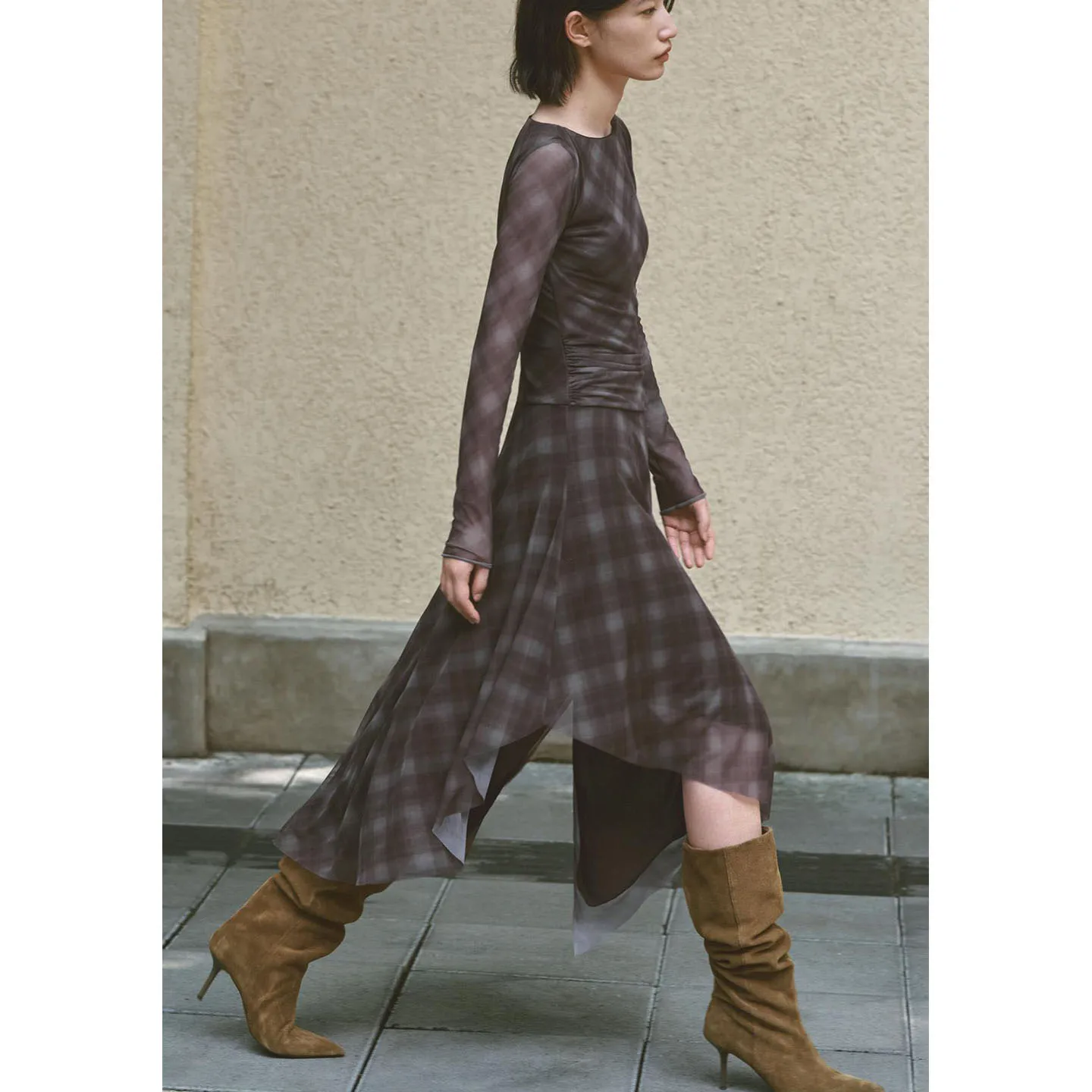 Outono feminino férias sle um ombro longo sve assimétrico em camadas xadrez rede de seda dr midi x versão solto ajuste