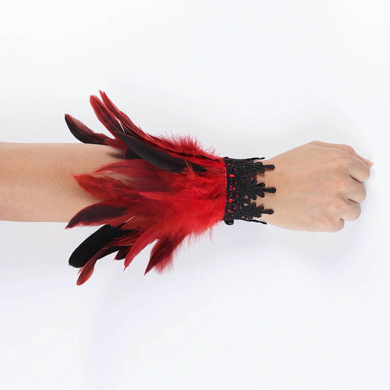 2pcs Lace Feather Wrist Cuffs Black Real Natural Dyed Rooster Feather Arm Warmers Party Cosplay Costume Accessory Feather Gloves