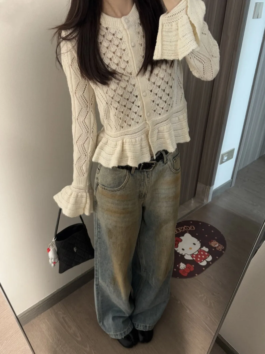 

Весна 2026: Новинка! Женский приталенный вязаный кардиган с длинными рукавами, ажурный, с кружевными вставками, молодежный стиль, цветочный принт.