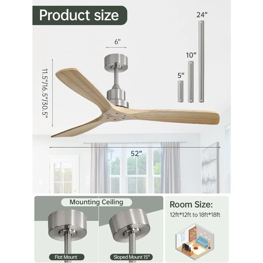 مروحة سقف ذكية مقاس 52 بوصة بدون ضوء لغرفة النوم وغرفة المعيشة والمزرعة الداخلية والفناء بتصميم حديث من الخشب الصلب مع جهاز تحكم عن بعد للتطبيق #3