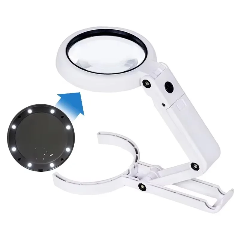 Folding Magnifying Glass with 8 LED Lights USB Rechargeable Handheld Desktop 2 in 1 Magnifier for Reading Repair Embroidery