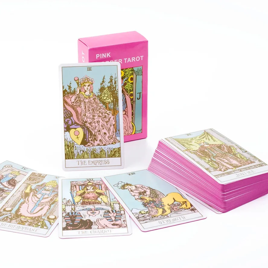 

Pink Border Tarot Card Deck with Guidebook 78Pcs English Version Family Gathering Divination Deck Board Game Cards 10.3*6cm