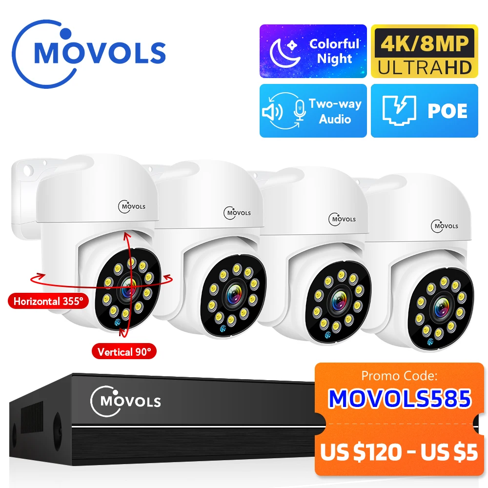 Movols 4K XMEYE POE Surveillance System 8MP 4MP Two Way Audio PTZ CCTV POE AI Security Camera 8CH P2P NVR Video Surveillance Kit