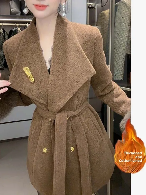 エレ・ティエネド コットン レディース コート ベルト付き 冬 2025 ファイオン フリップカラー スリムフィット ロング丈 スエット生地 TX0342