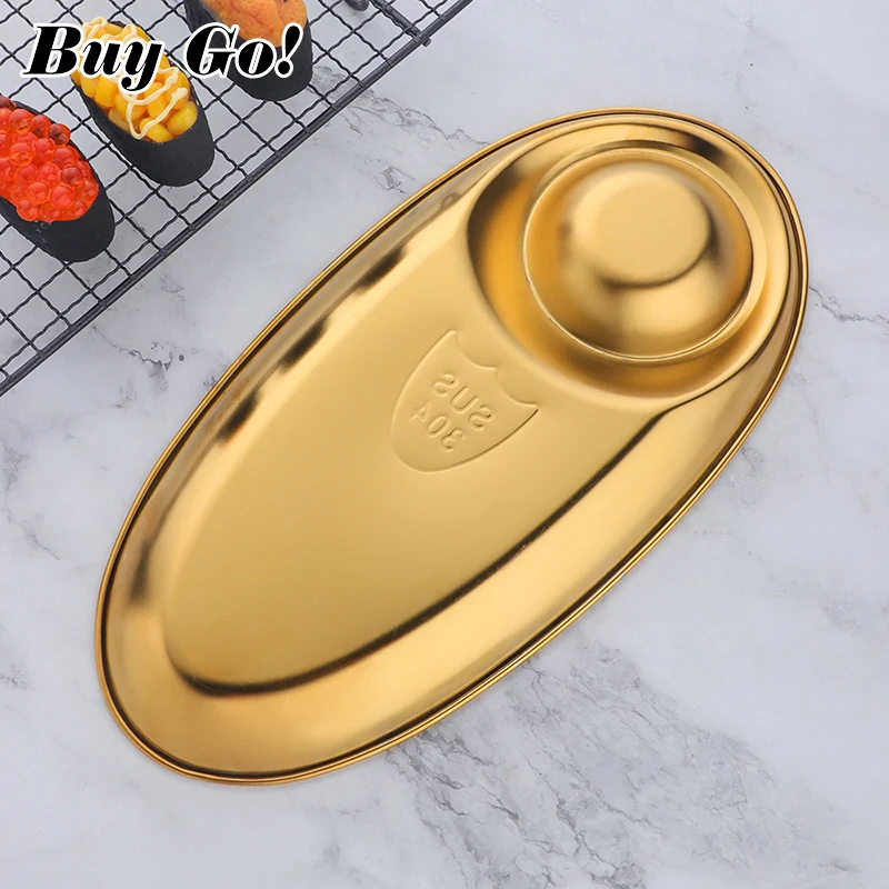 1/2PCS Stainless Steel Snack Plate Divided Grid Plate Sushi Sauce Dish Western Fries Fried Chicken Oval Plate Kitchen Tableware