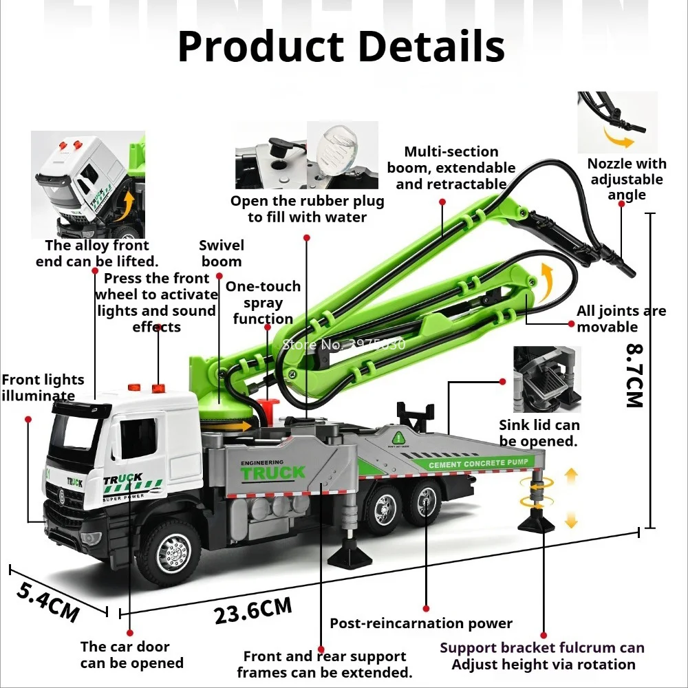1:32 Cement Pump Truck Model Anti-haze Sprinkler Car Toy Sound Light Rear Wheel Pull Back Engineering Vehicle Birthday Presents