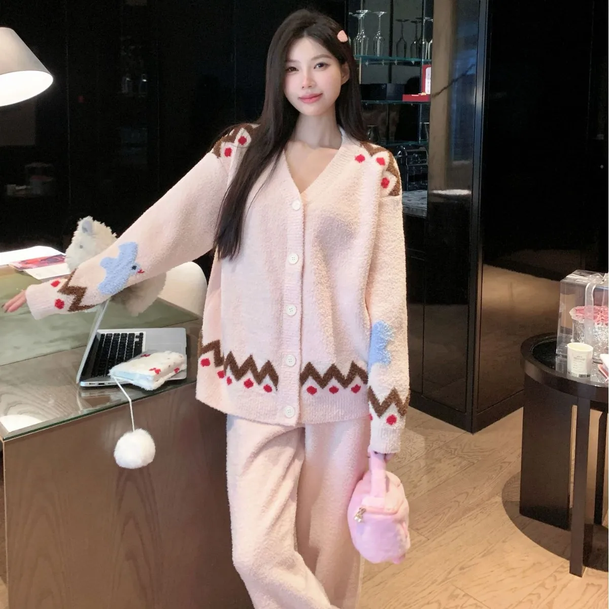 Simple Korean Sweet and Cute Autumn and Winter New Women's Half Velvet Pajamas Home Clothes Thick Warm Lazy Pajamas
