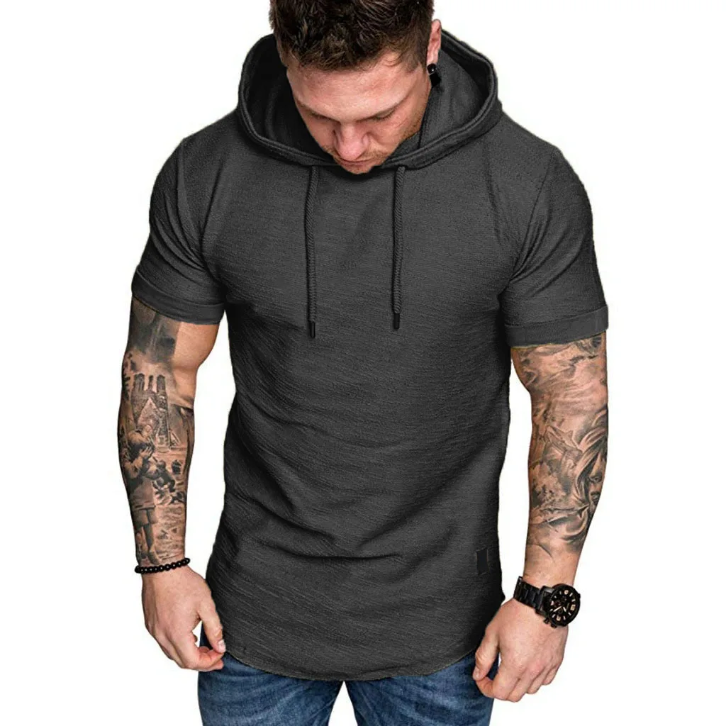 Männer Baumwolle T-shirt Kurzarm Mit Kapuze Einfarbig Slim Fit Männlich Atmungsaktive Sport Tees Leichte Fitness Männlich Casual Tops – Detail 11