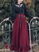 Vintage Gothic Two Piece Dress Sets Women Black Lace Ruffle Blouse + Lace-up Midi Skirt 2025 Winter Court Retro Casual Suits Y2k