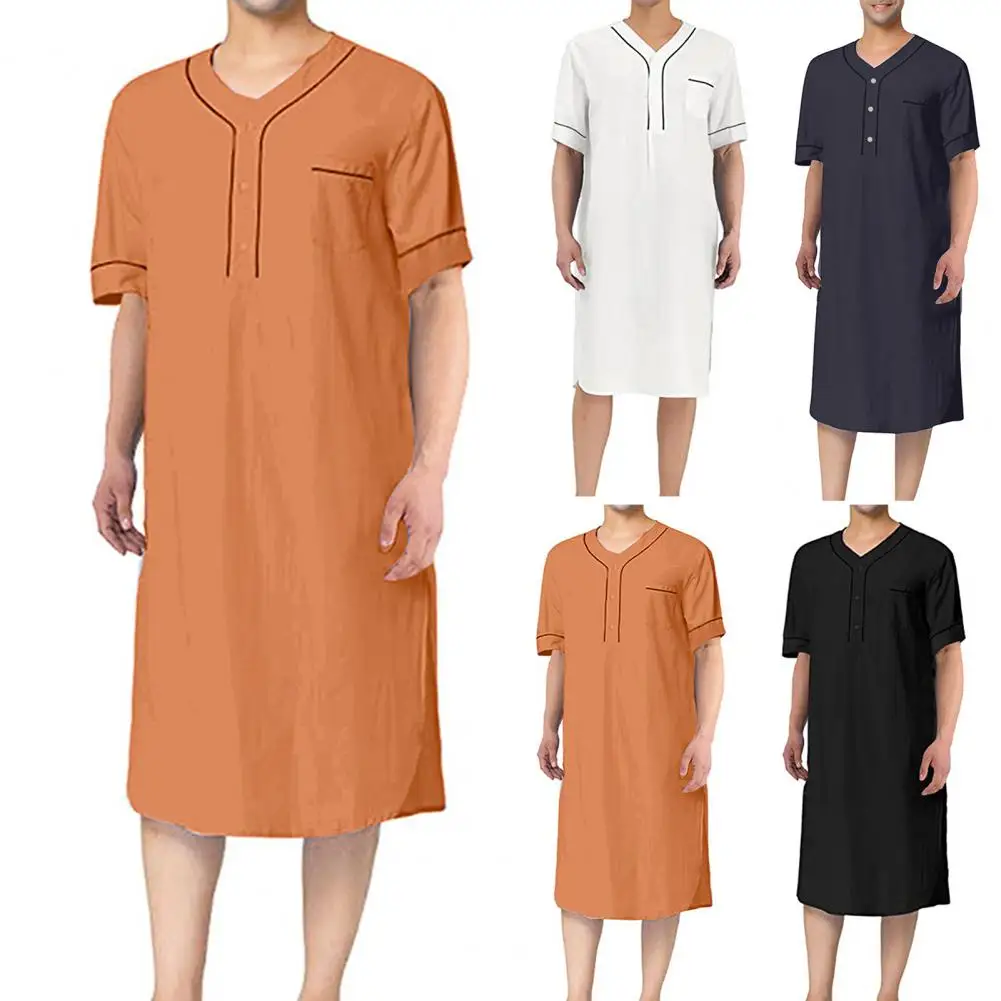 Men Nightgown Comfortable Men\'s V-neck Nightgown with Patch Pocket Solid Color Mid-calf Length Sleep Robe for Leisure Home Wear