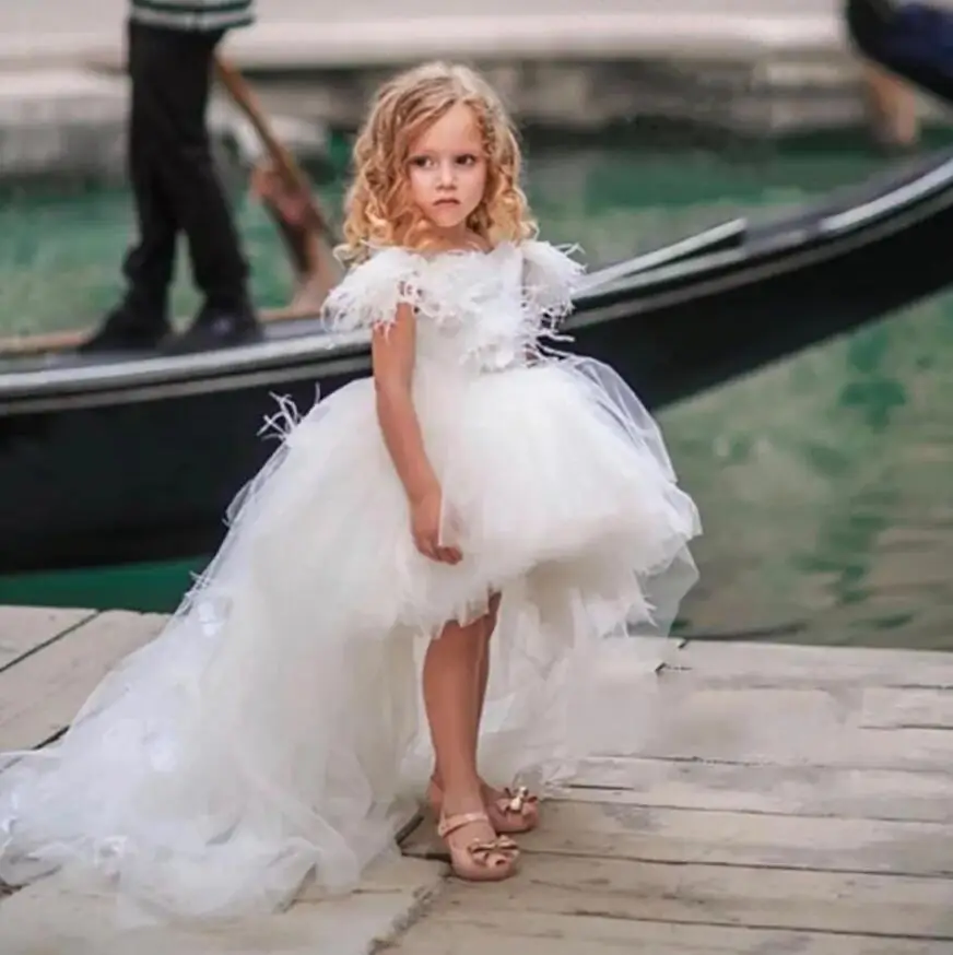 

New White Flower Girl Dress for Wedding with Long Train O Neck Feather Floral Princess Birthday Dress Party Pageant Gowns