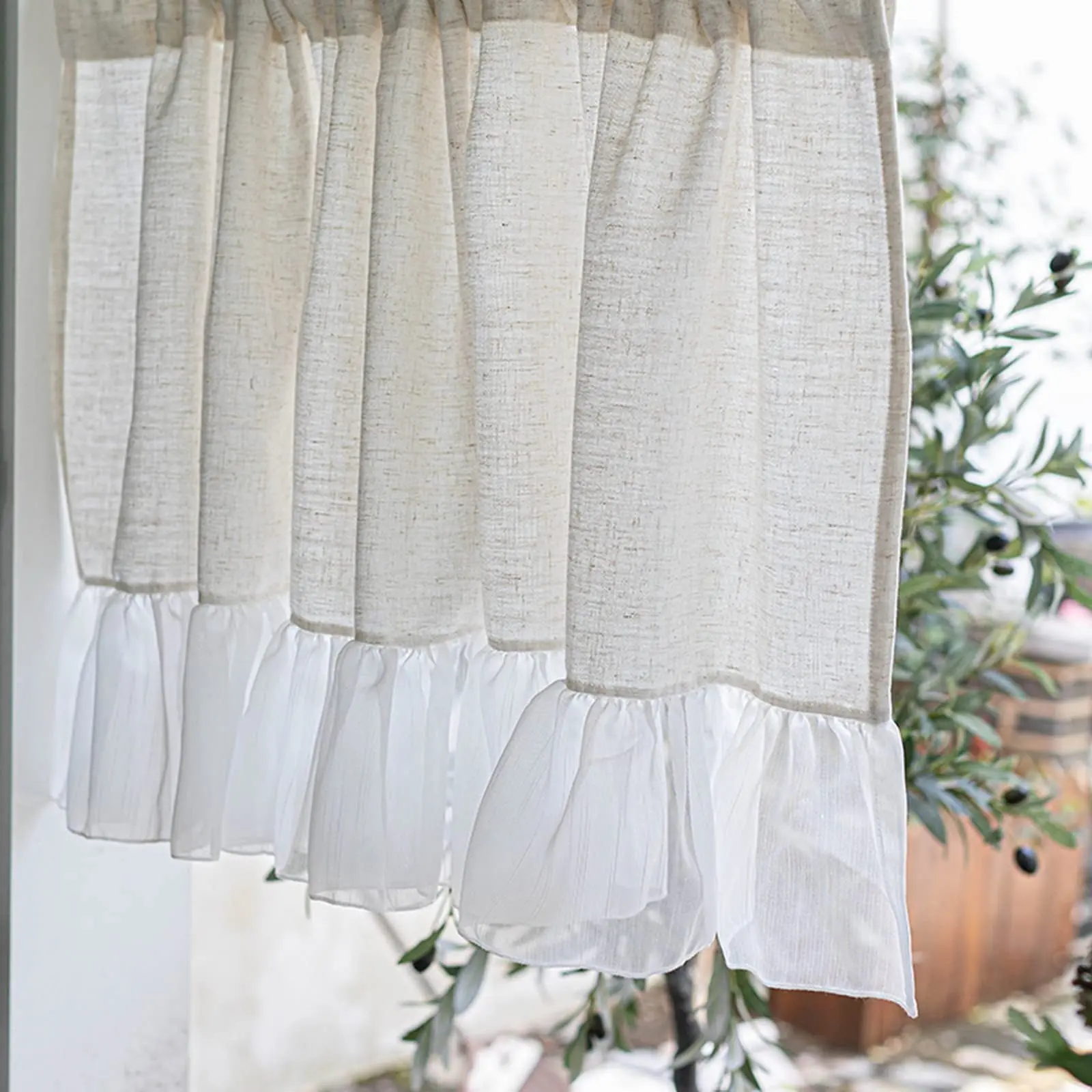 Short Curtain for Small Window Beige Cotton Linen with White Voile Lace Ruffle Window Treatment Valance Panel Drapes