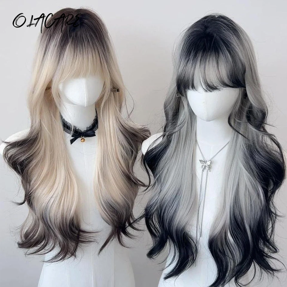 OLACARE Long Curly Wavy Synthetic Brown Black Omber Wigs with Bangs Cosplay Hairs Wig for Women Daily Natural Heat Resistant