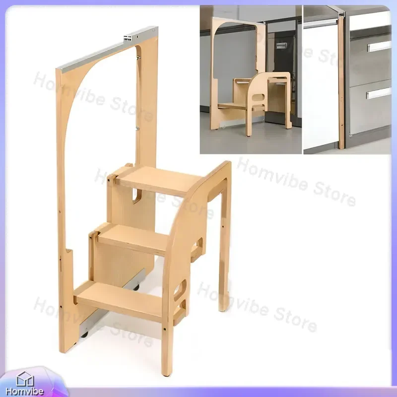Wooden Step Stool for Kids and Elderly Bedside Assistant with Handrails Baby Wash Stair Folding Footstool Home Furniture