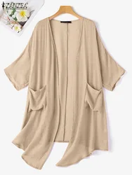 ZANZEA Vintage 3/4 Sleeve Blouse Women Summer Cardigan Beach Holiday Shirt Female Long Tops Thin Casual Solid Baggy Kimono 2024