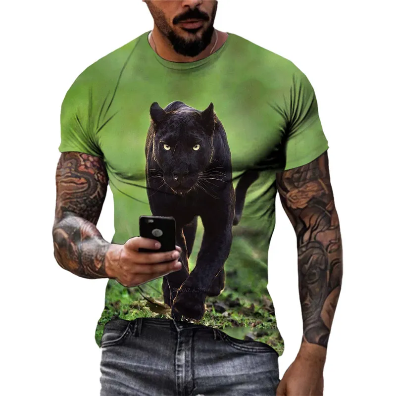 New Personalized Black Panther T-shirt Summer Trend Men\'s Casual Trend Short Sleeve 3D Printed Animal Tough Guy O Neck Top 6XL