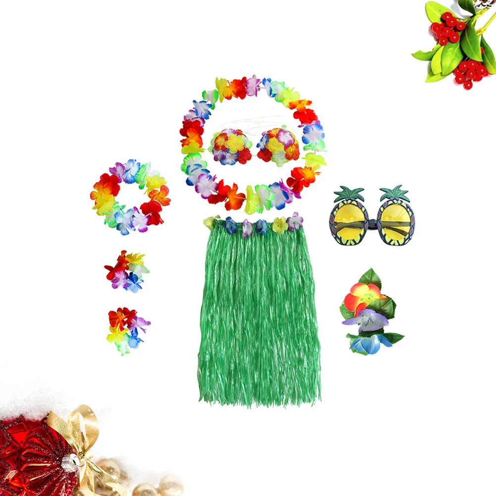 8 قطعة هاواي حولا العشب تنورة فستان مجموعة الاستوائية موضوع الوردي تنورة 60 سنتيمتر حزام مطاط زهرة اكسسوارات زي حفلة