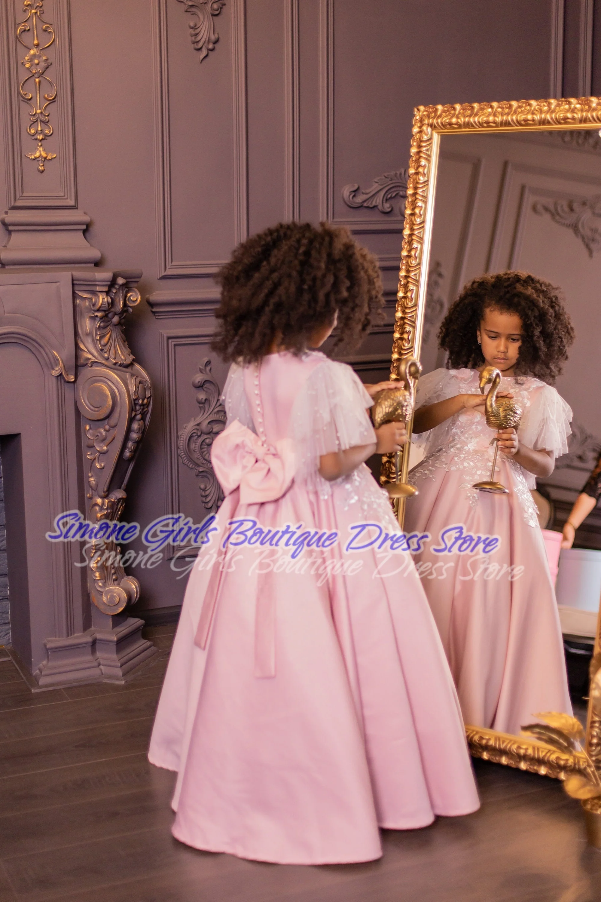 Bow Sequin Embroidery Pink dress skirt Flower Girl Dress for Wedding Ceremonies Formal Receptions Dance Performances Parties