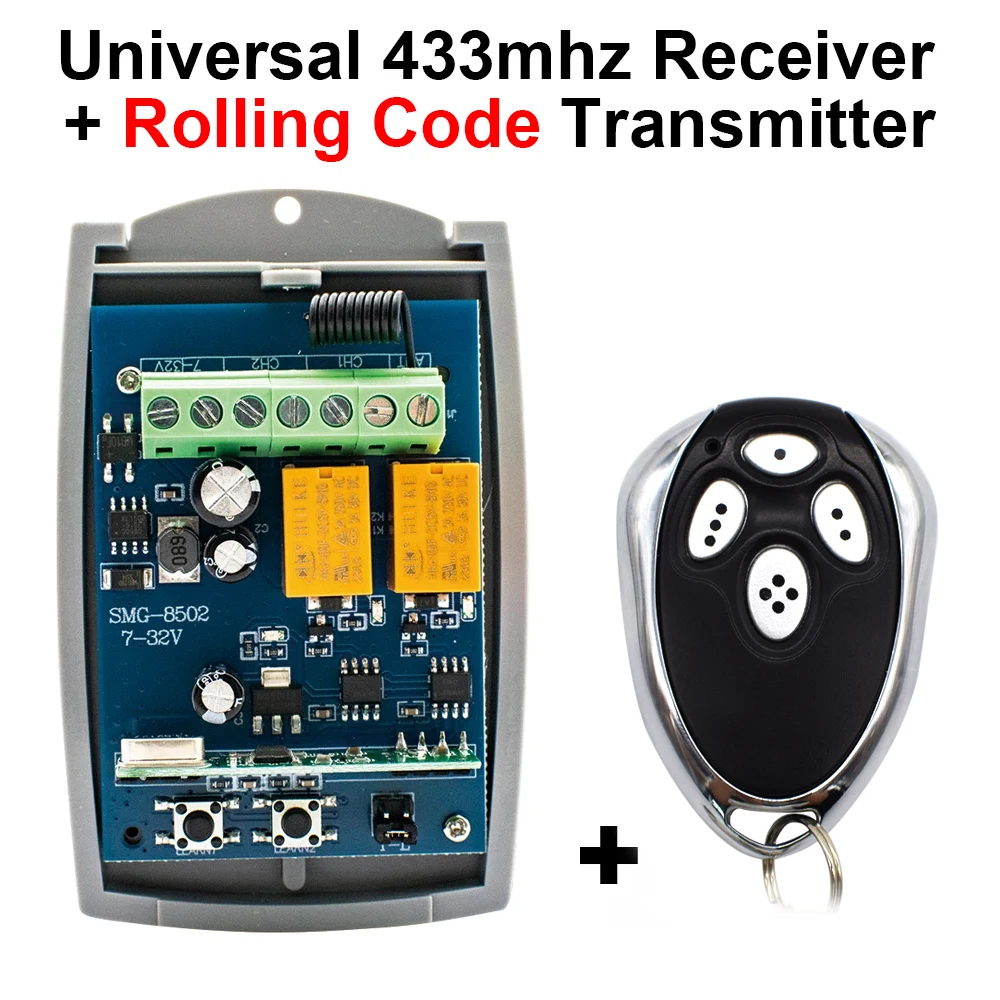 Universal 433.92MHz AC DC 7-32V 85-250V Garage Door Receiver 2CH Relay Module With AT-4 433MHz Rolling Code Remote Control