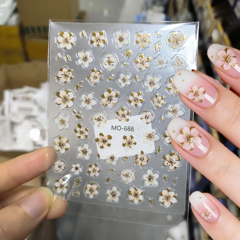 1/2Pc グラデーションピンクゴールド桜ネイルステッカーエンボス加工桜の花自己粘着ネイルデカール春の花ネイルアートデコレーション