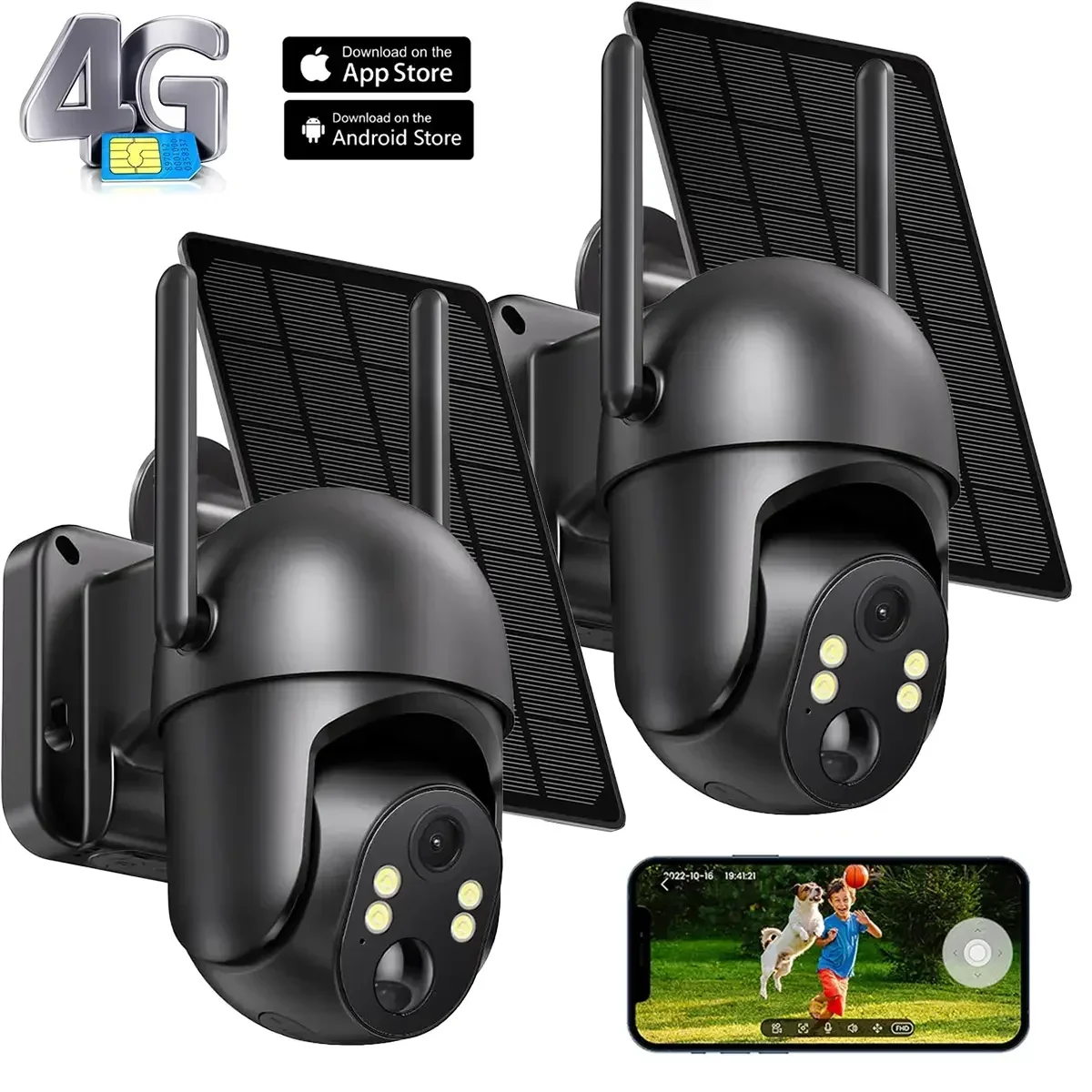 4G LTE Cellular Solar Security Camera Wireless Outdoor, No WiFi Solar Powered Camera, 360 ° Live View, 2K Color Night Vision, PIR Motion Sensor, 2 Way Talk, Build in SIM Card- Black