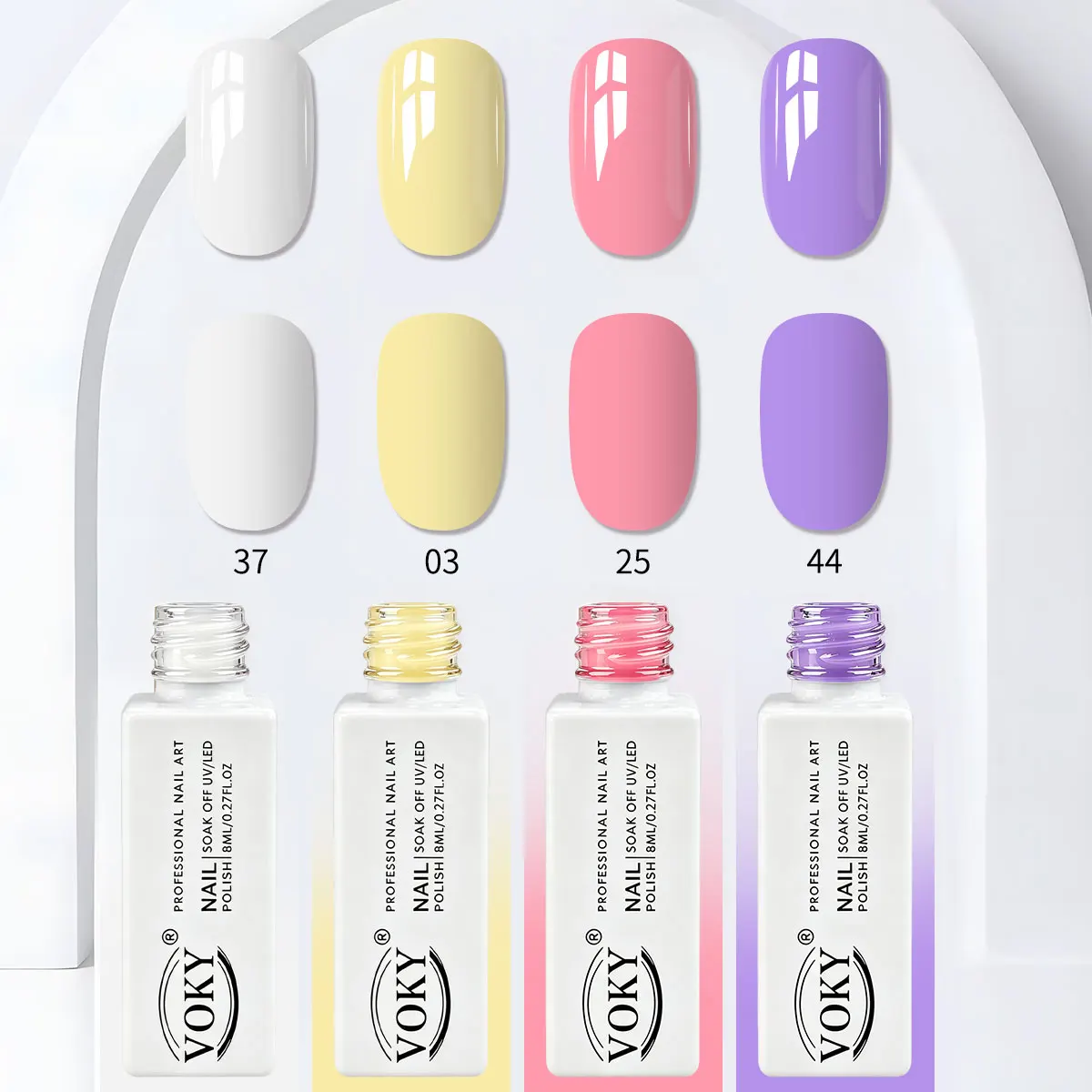 VOKY 4-piece macaron elegant solid color gel nail polish set, white, yellow, pink, and purple removable UV LED semi-permanent nail gel, high saturation, easy to apply, long-lasting nail art set, suitable for spring and summer salon DIY daily nail use